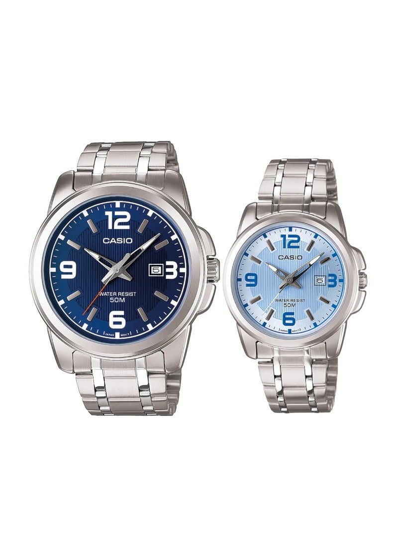 Casio His & Her Blue Dial Stainless Steel Band Couple Watch Set MTP/LTP-1314D-2AV - Image 1